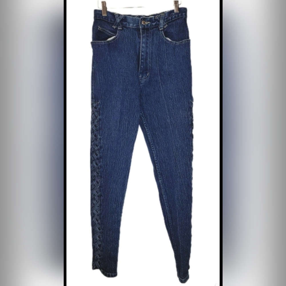 Denim Lattice High Rise Acid Wash Stretch Skinny Jeans  11/12 Mom Jeans Vintage